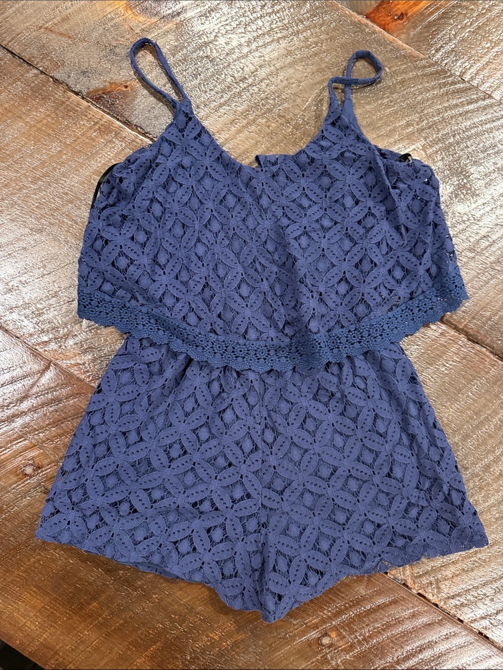 City Triangles Navy Lace Romper with Spaghetti Straps